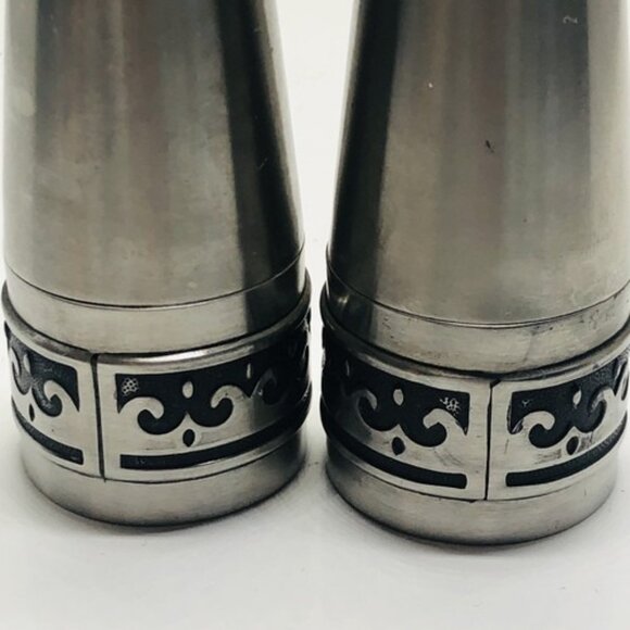 Vintage Salt And Pepper Shaker Set Stainless Steel Deluxe Black Wave Inlay Japan - Picture 5 of 12
